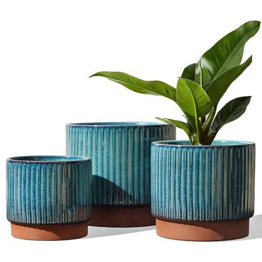 LE TAUCI Ceramic Plant Pots with Drainage Holes, Set of 3, 8+6.7+5.5 Inch Stripe Garden Planter Pots for Outdoor Indoor Plants Flower, Round Succulent Orchid Flower Pot, Reactive Glaze Green