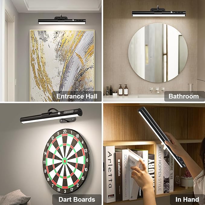 Motion Sensor Battery Operated Picture Light, Wireless Rechargeable Magnetic Art Wall Sconce with Remote Control, LED Picture Frame Lights for Paintings Mirror Portrait Gallery Dart Poster (Black)