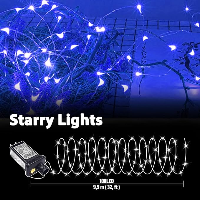 LAMPHOME Fairy Lights Plug in, 33Ft 100 LEDs Waterproof Twinkle Firefly Lights, Adaptor Included, Starry String Lights for Wedding Indoor Outdoor Christmas Patio Garden Decoration, Blue