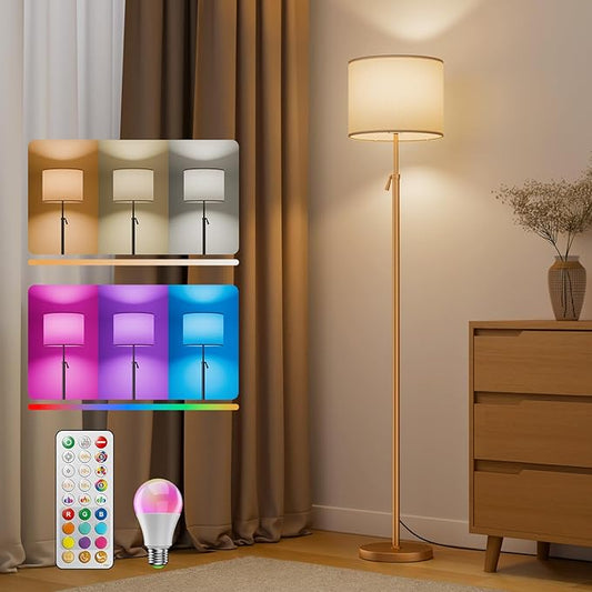 Floor Lamp for Living Room with RGBCW Color Changing Bulbs Dimmable, Adjustable Height Standing Lamp with Remote Control, 10W 1200 Lumen, Tall Lamp for Living Room, Bedroom, Office, Gold