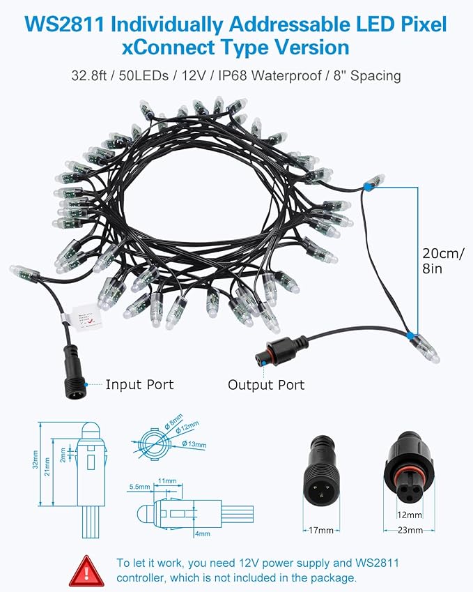 ALITOVE WS2811 12V RGB Pixel String Lights 8 inch 50pcs Bullet Pixels Light Diffused Addressable Color Changing with 12mm Waterproof Xconnector for Halloween Christmas Billboard House Outdoor Decor