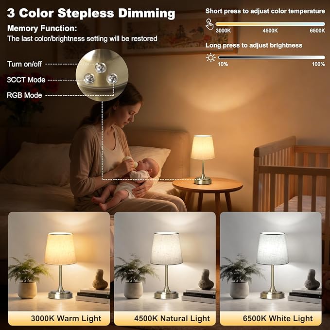 Small Cordless Table Lamp Rechargeable,5000mAh Battery Operated Desk Lamp,3 Colors & 7 RGB Stepless Dimmable,Touch Ambient Light for Bedside,Bedroom,Dining Room,Living Room,Bronze,FlaxenShade