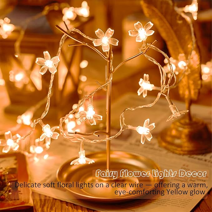 Fairy Battery & USB Flower String Lights Girls Bedroom, 10ft 30 LED Decorative Cute Cherry Blossom Floral Lamp for Christmas, Birthday, Wedding Party, Centerpiece, Dorm Indoor Decoration (Warm White)