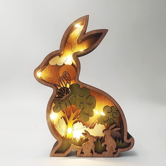 Drawelry 3D Wooden Animals Carving Home Decorative - Creative Wood Carved Lamp Farmhouse Wooden Animals Sculpture Ornaments Easter Birthday Gifts for Family Friend Son Dad (Rabbit, with Light)