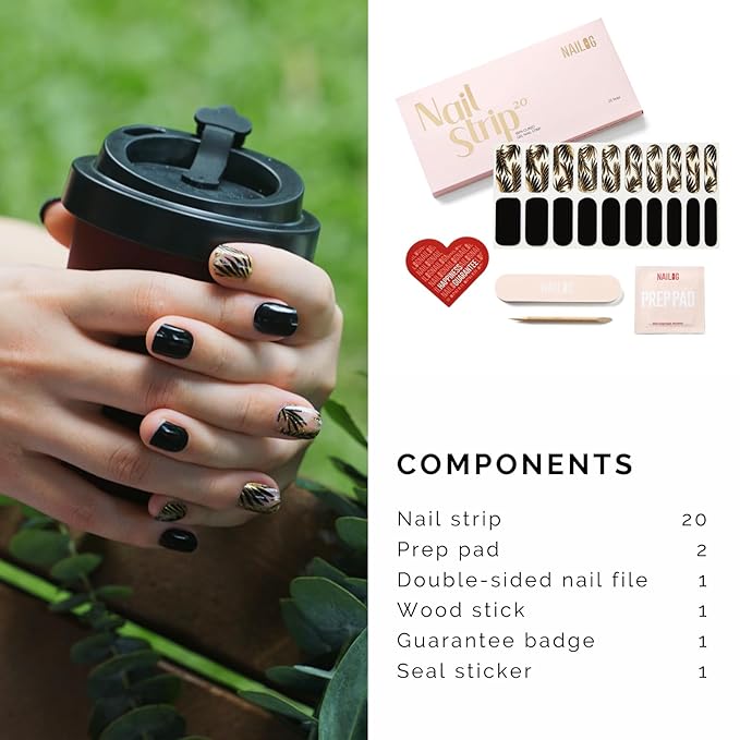 Semi Cured Gel Nail Strips - NAILOG 20 Pcs Gel Nail Stickers | Buy 2 Get 1 UV Light | Extra Long Nail Wraps with Glossy Gel Finishing Black, Golden Leaves