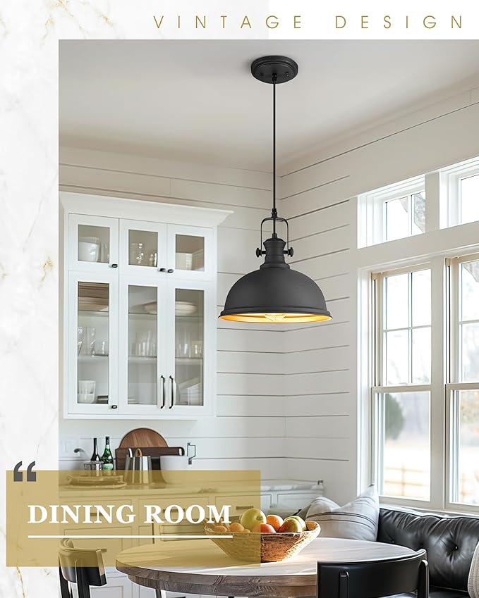 Pendant Lights Kitchen Island, Farmhouse Hanging Lights Fixtures with Metal Shade, Rustic Kitchen Pendant Lighting Over Island for Dining Room, Matte Black, AD-2151-1PL-BK