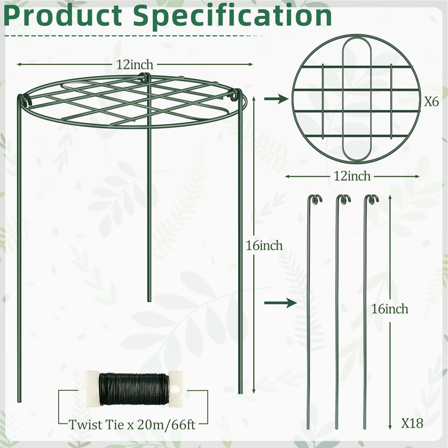 6 Pack Peony Cages and Supports 12 x 16 Inch Grow Through Plant Supports for Outdoor Plants,Plant Brace Flower Support Rings Hoops for Vegetables,Rose,Tomato,Orchids