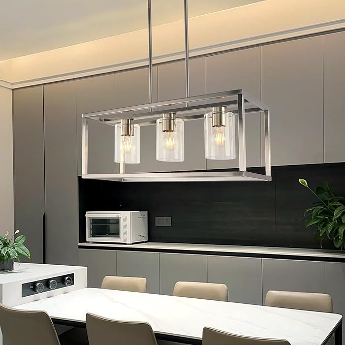 Kalium Chandeliers for Dining Room, 3 Light Dining Room Light Fixture Modern Metal Industrial Kitchen Lighting Fixtures Easy Installation Pendant Lights for Bar Restaurant-E26 Socket, Silver
