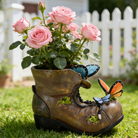 Juliahestia Unique Rustic Boot Planter for Outdoor Indoor Plants - Colorful Resin Pot with Butterfly for Garden Farmhouse Office Decor - Cute Decorative Pot for Succulents Flowers