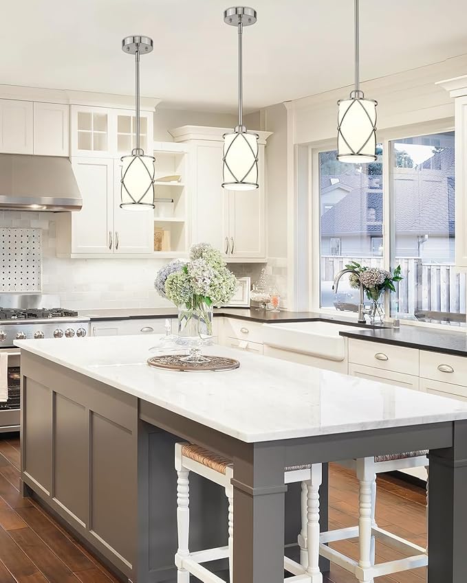 Brushed Nickel Pendant Lights Kitchen Island 3 Pack, Milk Glass Kitchen Pendant Lighting Over Island with Rods, Modern Mini Hanging Light for Sink Dining Room, CH9176BNW-3PK