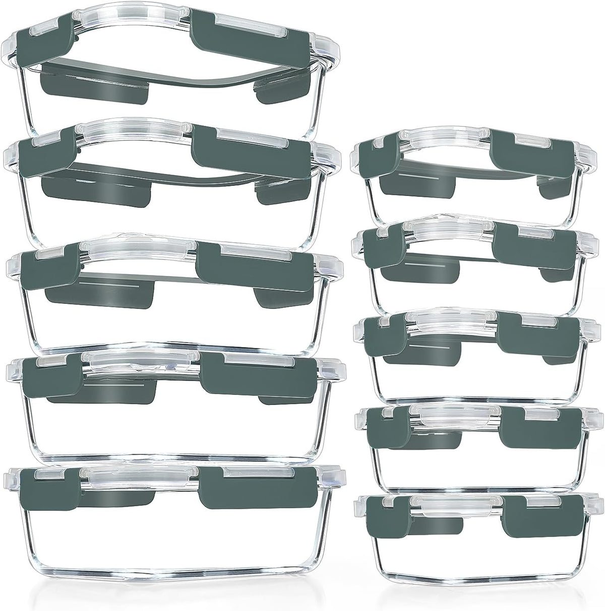 VERONES Glass Meal Prep Containers - 10 Pack Airtight, Stackable Food Storage Set with Lids | BPA-Free, Microwave & Oven Safe, Grey