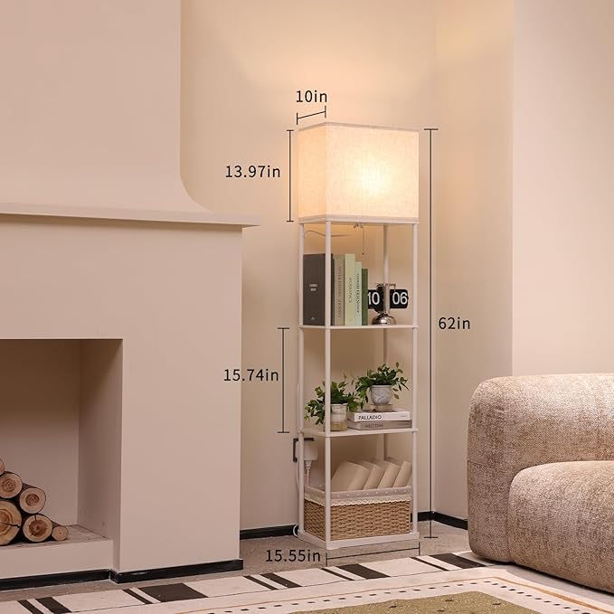 Floor Lamp with Shelves, Large Size Rectangle Standing Lamp with 3 Color Temperature Bulb, Corner Display Bookshelf Lamp for Living Room, Bedroom and Office（White-9W）