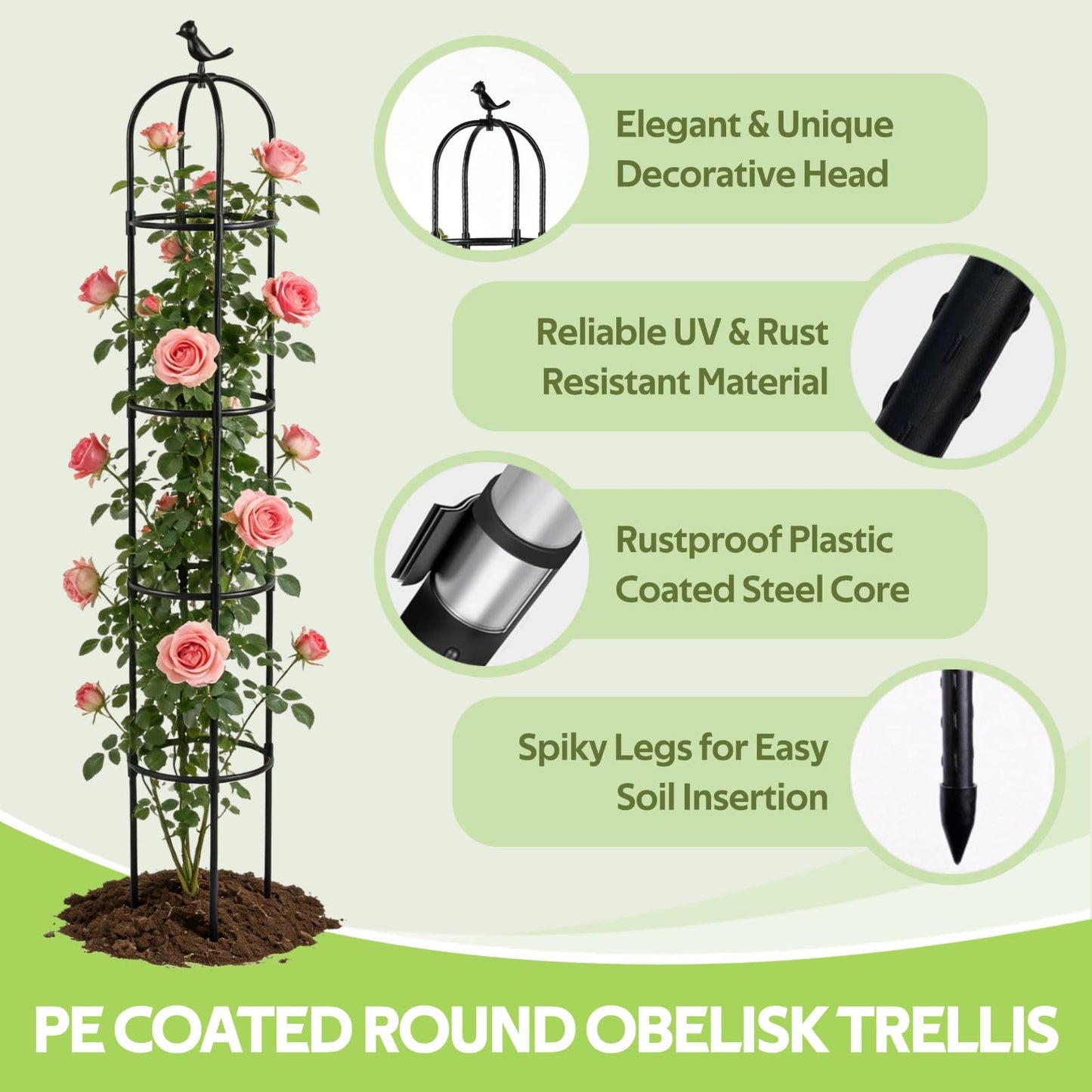 Jesosia 2 Pack Obelisk Trellis for Climbing Plants Outdoor - Heavy Duty Plastic Coated Steel Garden Arch Metal Trellis - Rustproof Tomato Cage Vertical Plant Support for Vines Vegetable Flower Indoor