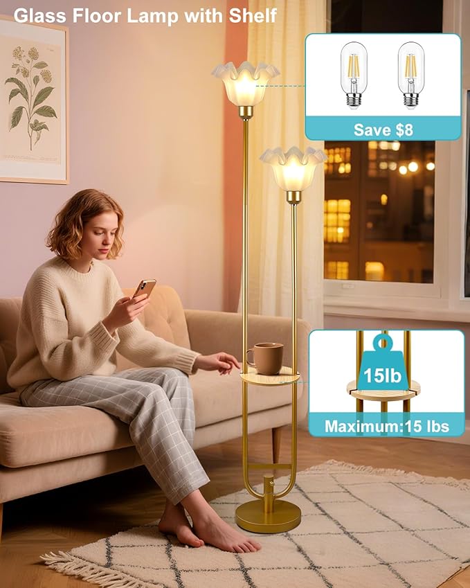 Lightdot Dimmable Flower Floor Lamp with Table for Living Room, Modern Mid Century Gold Metal Tall Standing Lamp for Bedroom/Sofa Beside/Corner Decor (Bulb Included)