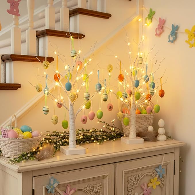 EAMBRITE Easter Decorations, Easter Egg Tree with 36 pcs Eggs Ornaments, Lighted White Birch Tree with Timer Battery Powered, for Home Tabletop Centerpiece Spring Indoor Decorations (2 Pack 24 LED)