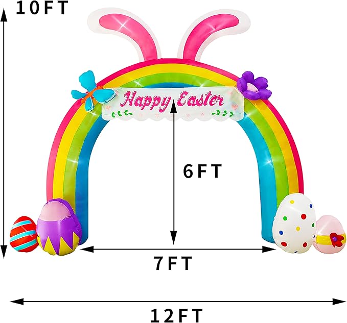 12ft Eeaster Inflatable Archway Decors with Built-in LED Easter Bunny Easter Eggs Archway for Easter Day/Outdoor/Yard/Lawn/Patio/Garden