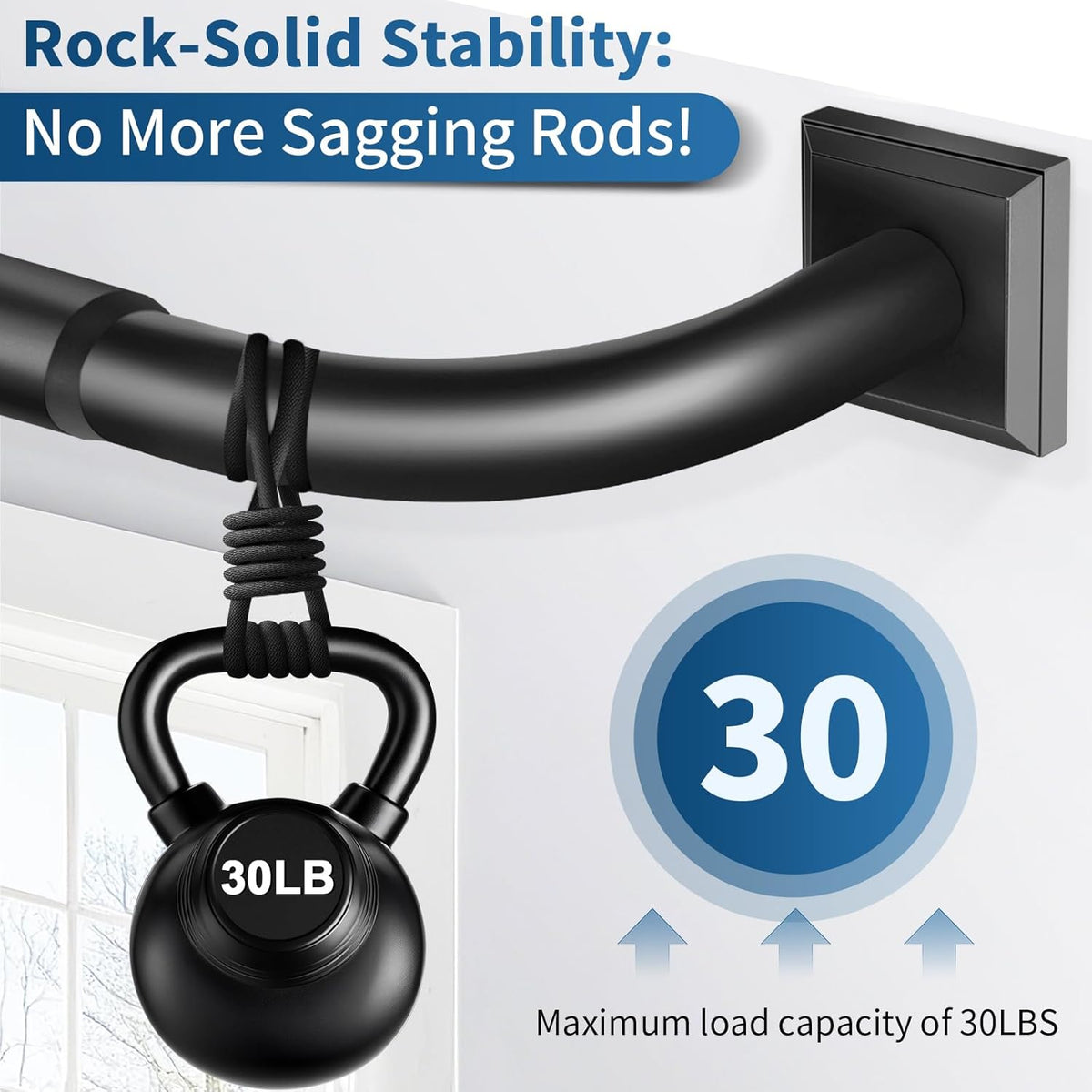 Skiennix Heavy Duty Black Curtain Rods - Adjustable 28-48 Inch French Return Design for Room Darkening