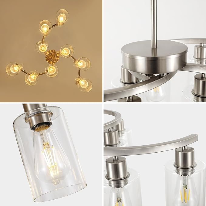9-Light Brushed Nickel Kitchen Light Fixtures ，29.5" Large Chandeliers for Dining Room， Modern Dining Table Light Fixture，Metal Bracket Pendant Lighting with Downward Clear Glass Shade