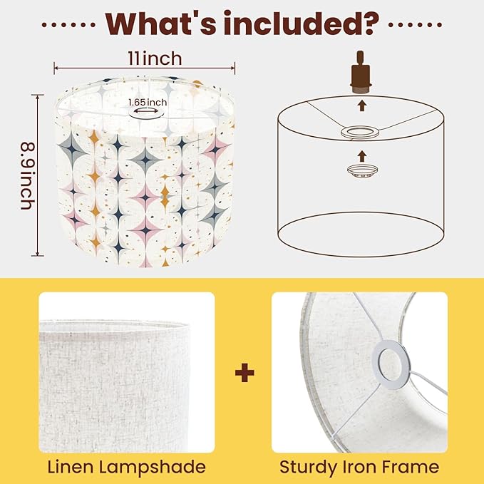 Drum Lamp Shade Mid Century Vintage 1950s Modern Retro Atomic Pattern Symmetrical Lampshade for Floor Lamps Table Lamps Pendant Light 8.9"x11" Linen Lampshades Replacement Large Lamp Shade