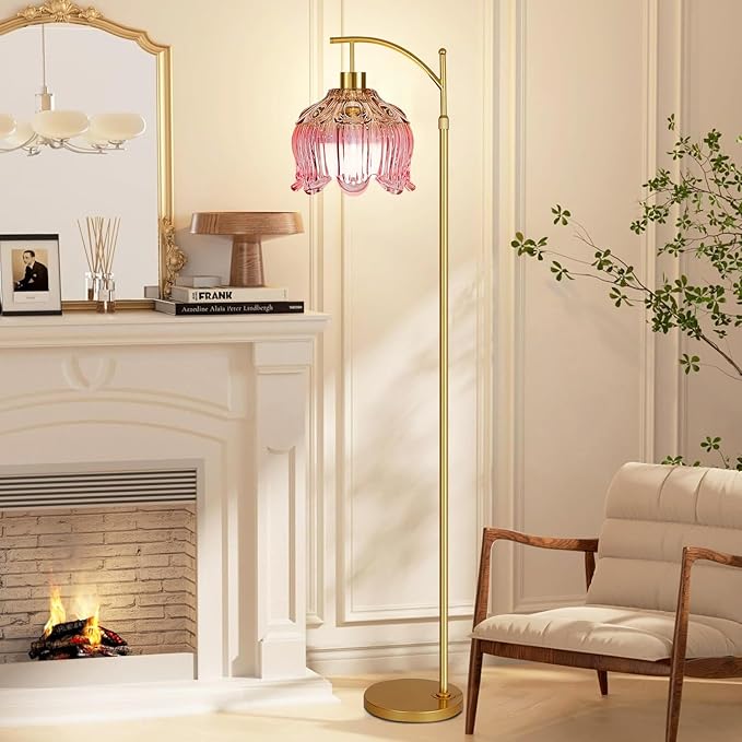 Pink Floor Lamp for Living Room,Bedroom,Gold Dimmable Standing Lamp with Remote,Mid Century Modern Brass Tall Lamp Boho Floor Lamps Arc Stained Glass Flower Floor Light Lamp Girls kids Bohemian