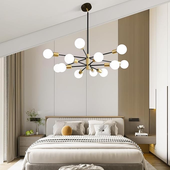 Sputnik Chandeliers, Black and Gold Chandelier,Modern Pendant Light Fixture Mid Century Industrial Ceiling Lighting 12 Lights for Dining Room, Kitchen, Bedroom, Living Room and Farmhoue