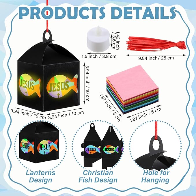 12 Sets Easter Crafts Religious Fish Crafts with LED Candle Light DIY Faith Jesus Fish Tissue Paper Kits Religious Hanging Ornament for Church Sunday School VBS Classroom Activities