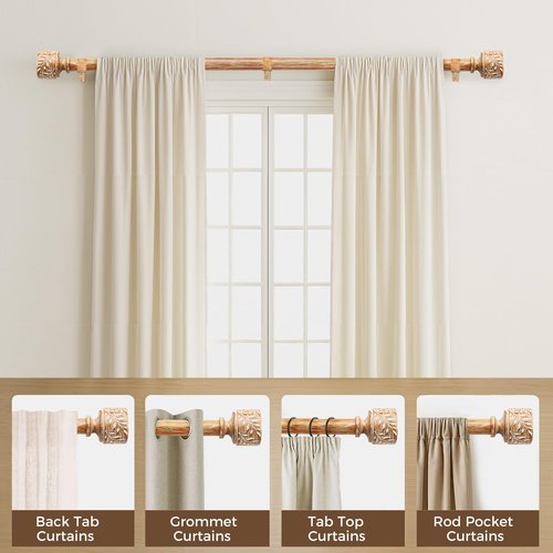 Boho Wood Curtain Rods for Windows 48 to 84 Inch, 1" Diameter Adjustable Heavy Duty Curtain Rod with Imitation Wooden Grain Leaf Pattern Finials, Rustic Decorative Drapery Rods, Size 32"-90"