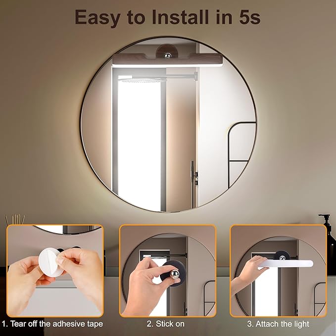 Vanity Light for Mirror with 4000mAh Rechargeable Battery, Touch Control Dimmable Makeup Light with 3 Color Modes, Magnetic 360° Adjustable LED Bathroom Mirror Light, Dark Wood