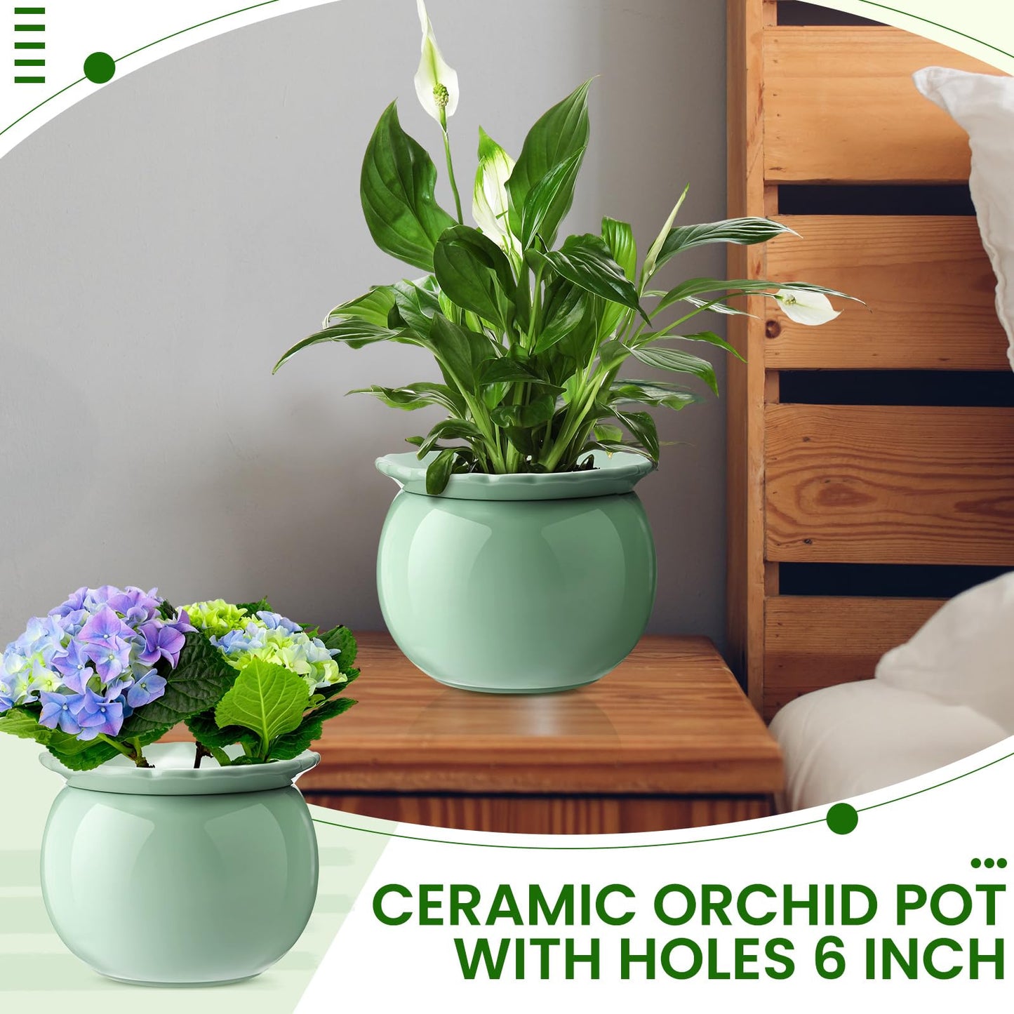 Suclain 2 Pcs African Violet Pots, 6.5 Inch Self Watering Pots for Indoor Flowers and Plants Ceramic Easy Self Watering Plant Pot with Highly Absorbent Inner Planter Pot for Tropical Plants(Green)