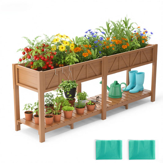 HIPS Elevated Raised Garden Bed with Legs,72"L x 17.3"W x 28.7"H Large Outdoor Planter Box with Storage Rack,All-Weather Raised Bed Planters with 6 Hooks & 2 Non-Woven Liner for Vegetables Flower Herb