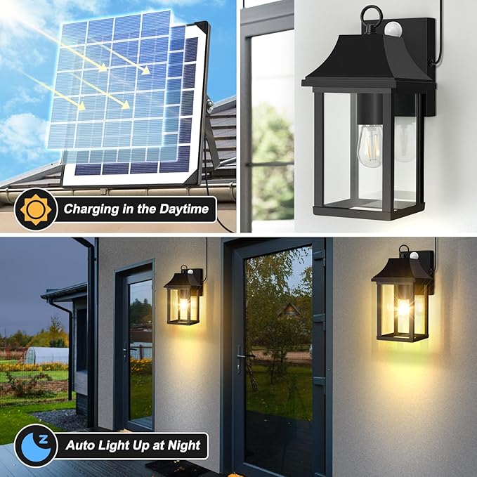 OKELI Porch Lights Outdoor Dusk to Dawn Motion Sensor Solar Wall Lantern Separate Panel & Battery Replaceable Exterior Waterproof Wall Sconce Lighting Lamp (Black A, 2 Pack)