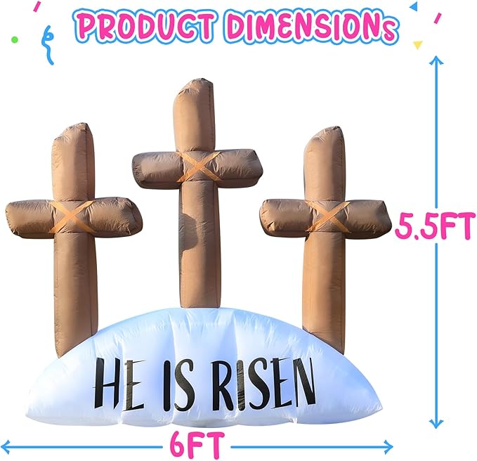 6FT Easter Inflatable Outdoor Decorations He is Risen Cross, Build-in LED Lights Holiday Blow Up Yard Decoration, for Easter Holiday Party, Outdoor,Garden, Yard Lawn Décor