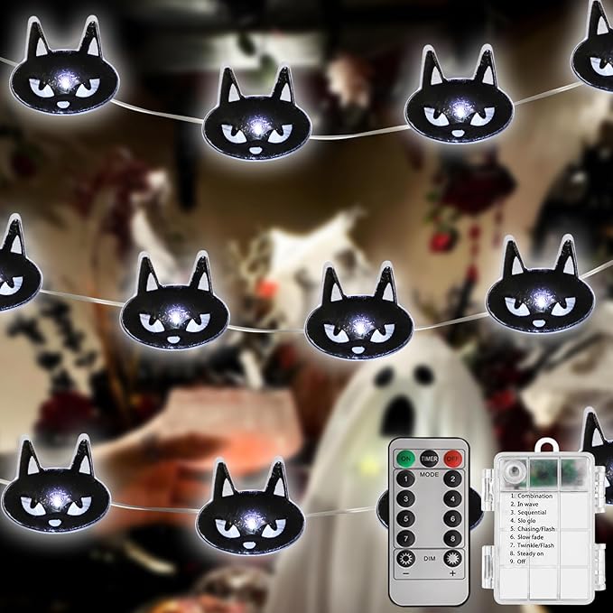 Halloween Decorations Fairy Lights Black Cats, 30 LED Copper String Lights with Remote Control Battery Operated for Cosplay Party Supplies, Gothic Halloween Decor