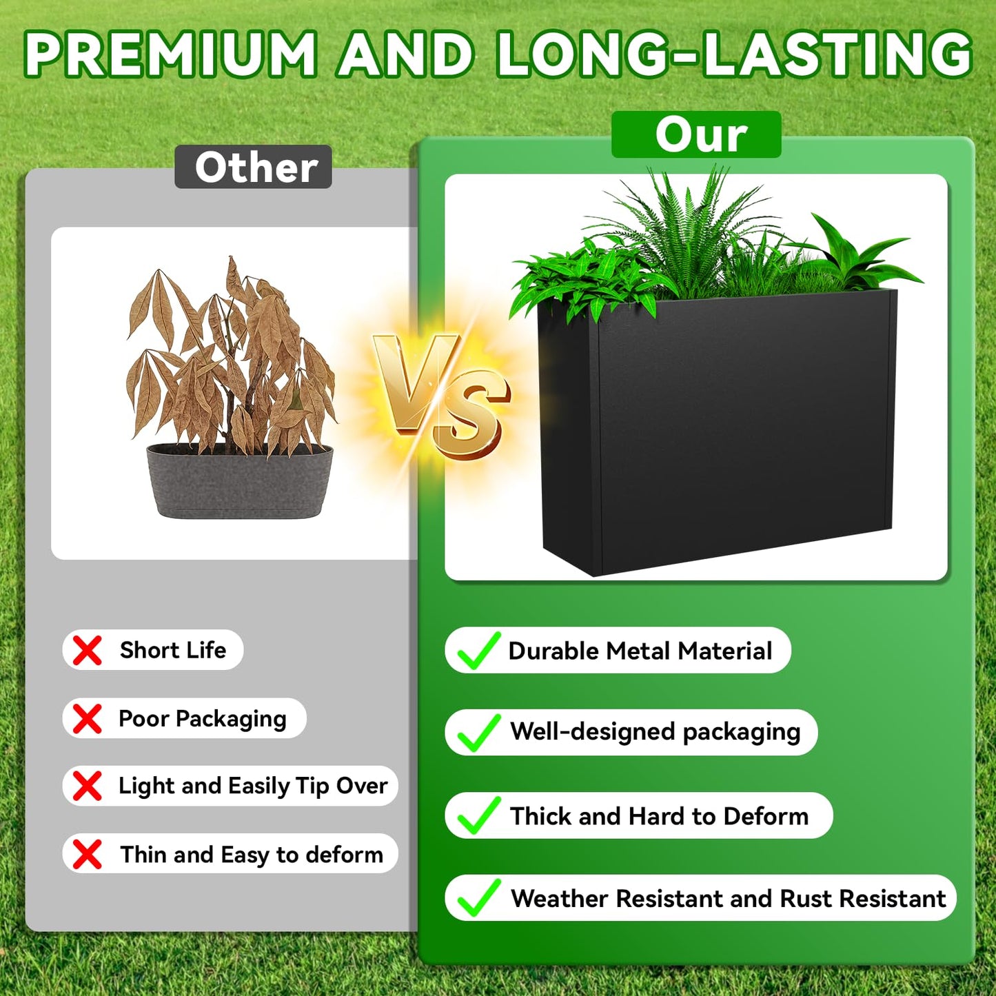 POOAMY Metal Planter, 38L x 10W x 30H, Heavy Duty Tall Planters for Outdoor Plants, Black Planters with Removable Insert Shelf, Large Planters with Drainage Holes for Porch, Patio and Yard, Black
