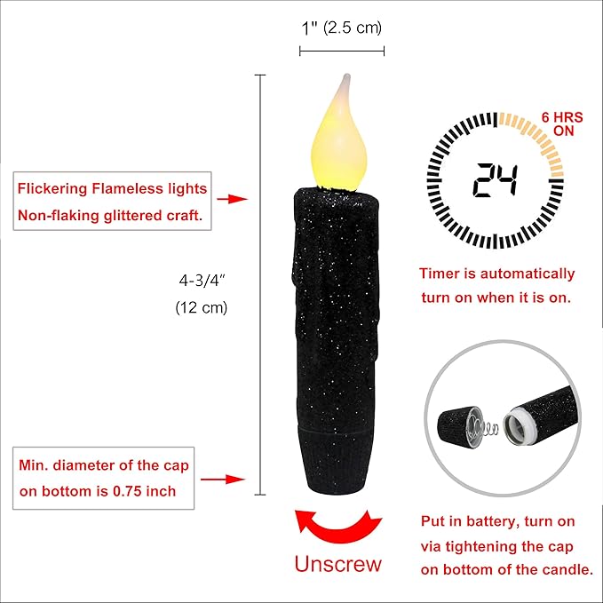 CVHOMEDECO. Glitter Flameless Candles Flickering Battery Operated LED Taper Candles with Timer for Home, Wedding, Halloween, Christmas Decor. Black, 4-3/4 Inch, Set of 3