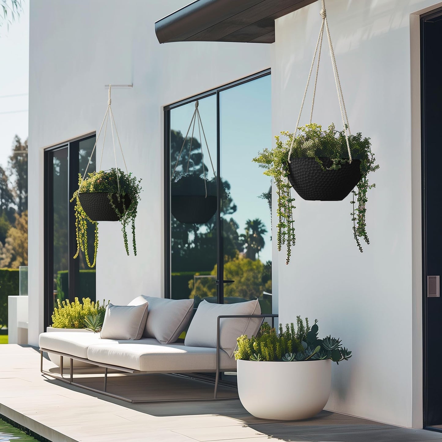 LA JOLIE MUSE Hanging Planters for Outdoor Plants, Large Hanging Planter with Drain Holes, Outdoor Hanging Flower Pots, Matte Black, Honeycomb (13.2 Inch, Set of 2)