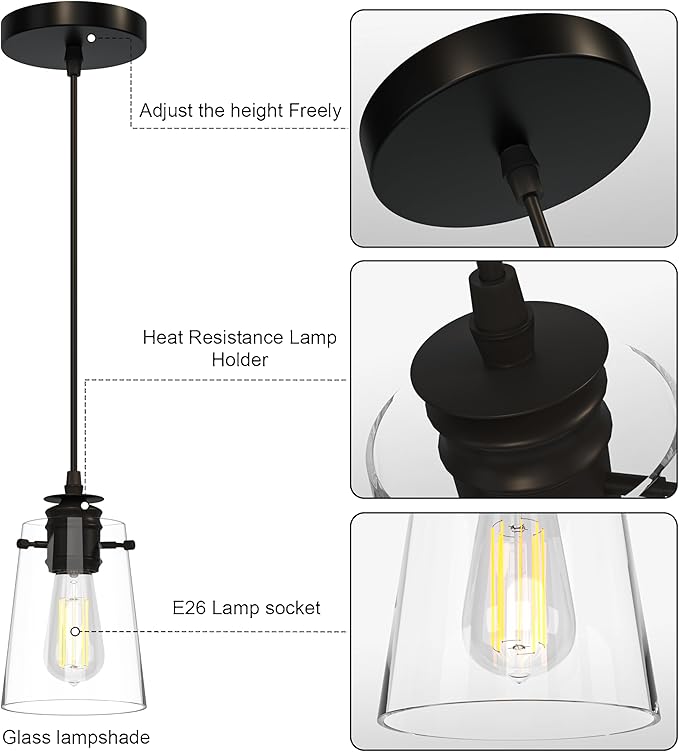 Pendant Lights Kitchen Island, Modern Industrial Pendant Light Fixtures with Glass Shade, E26 Socket Adjustable Cord for Dining Room, Bedroom, Living Room, Farmhouse Pendant Lighting 3Pcs