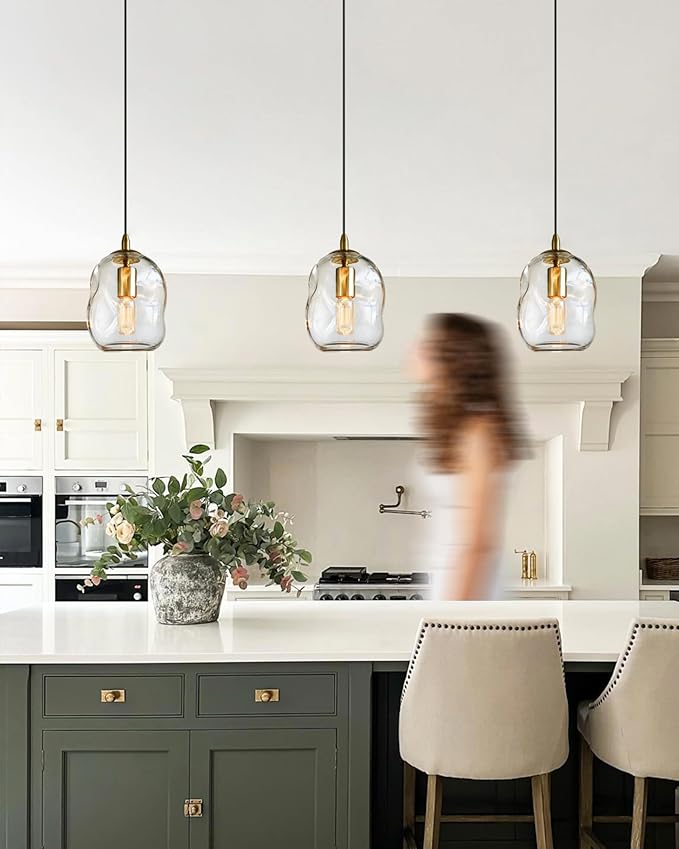 CASAMOTION Modern Glass Pendant Light Kitchen Island Gold and Clear Organic Globe Ceiling Hanging Fixtures Art Glass Industrial Design Dining Room Sink Bar Counter Porch Small Medium Lamp 8 Inch H