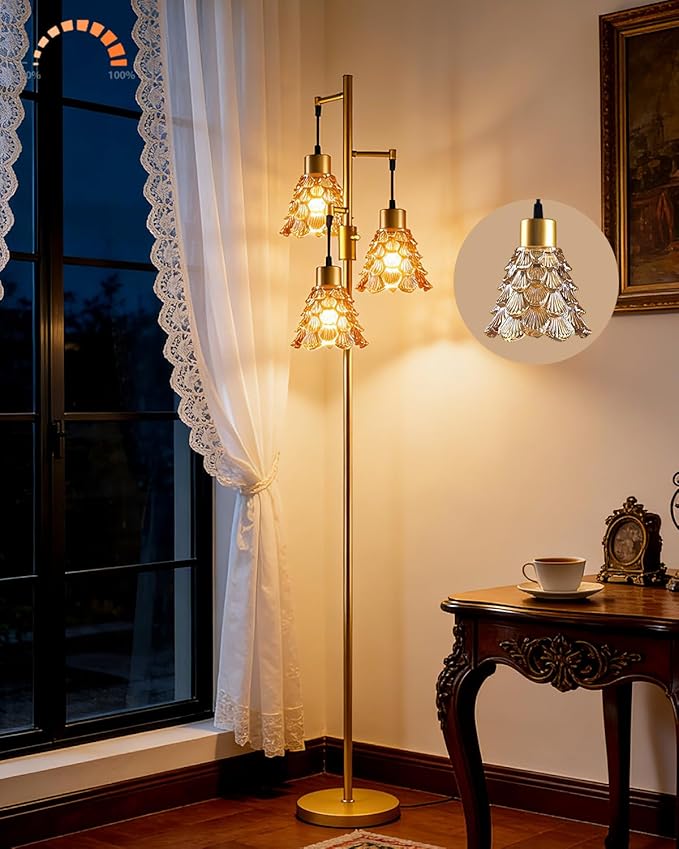 Lightdot 67" Glass Floor Lamps for Living Room, 3-Light Dimmable Floor Lamp with Brown Glass Shade& E12 Bulbs Included, Mid Century Standing Tall Lamp for Bedroom/Sofa Beside/Corner Decor-Gold