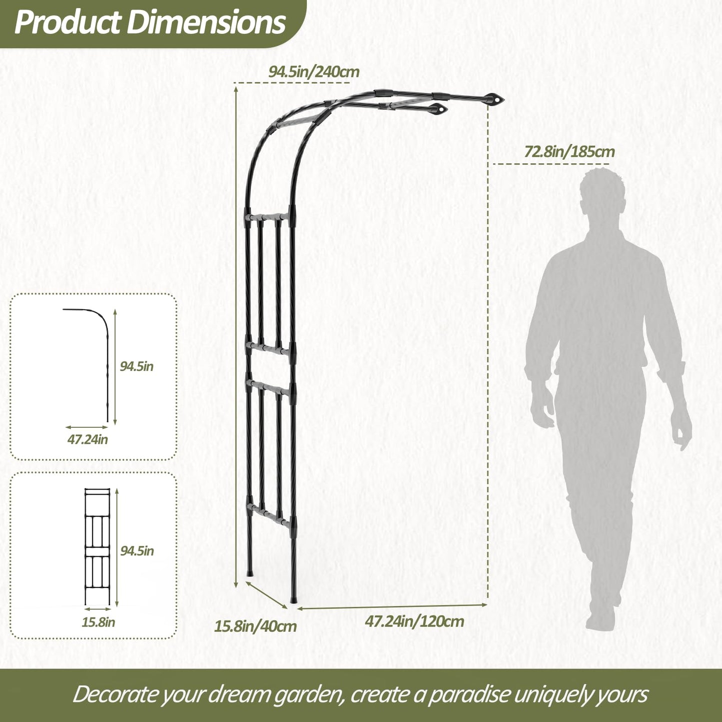 Trellume Half Garden Arch - Wall Trellis for Climbing Plants Outdoor, Metal Arch with Plastic-Coated Steel Pipe, Arbor Trellis for Lawn, Patio, Backyard Decorations, 47in(L)*94.5in(H)