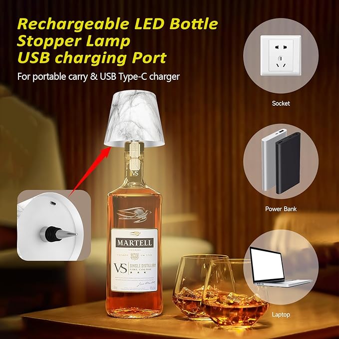 2025 New Bottle Lamp - LED Bottle Lights for Liquor & Wine Bottles, Cordless Lampshade, Whiskey Bottle Top Light, Bottle Stopper Night Light Kit, Rechargeable 3-Tone Touch-Dimmable