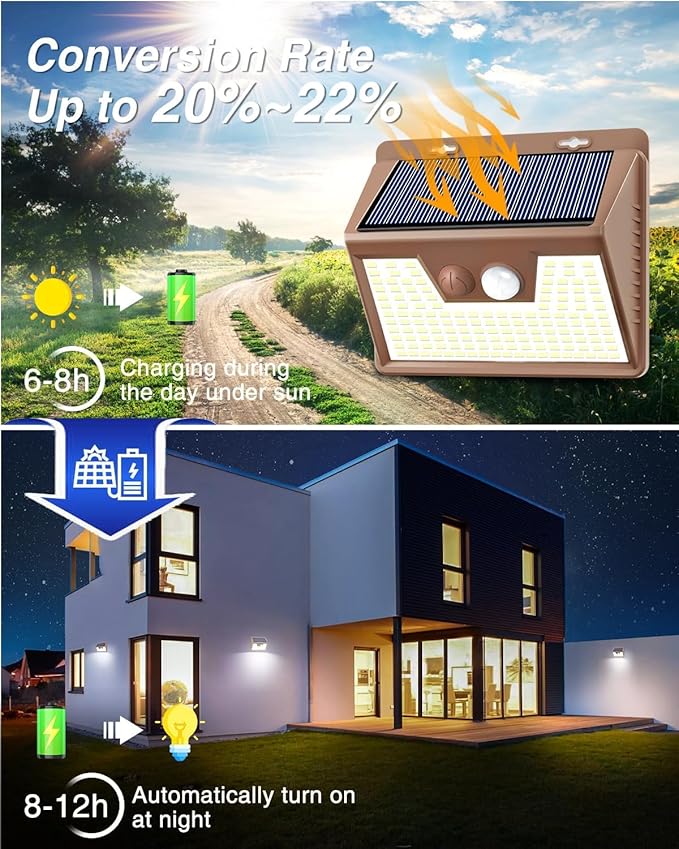 Peasur Solar Lights Outdoor Motion Sensor [3 Pack/140LED/Brown], Ultra-Bright 3 Mode Fence Security Light Waterproof, Solar Wall Lighting for Patio Yard Step House Outside