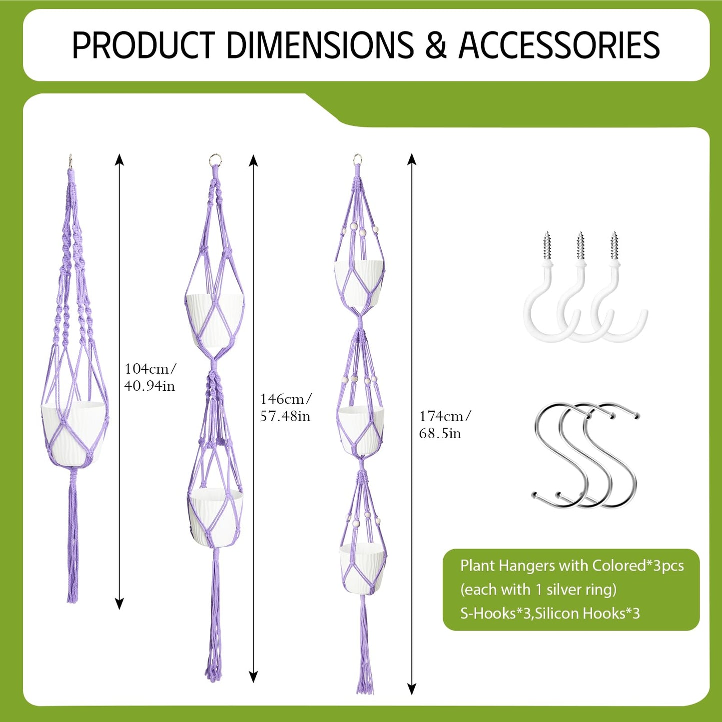 XXXFLOWER 3 Pack Macrame Plant Hanger Indoor Set with Hooks Handmade Woven Cotton Rope Flower Pot Crochet Plant Holder Stand Boho Plant Decor Hanging Planter Baskets Set of 3 with Beads Purple