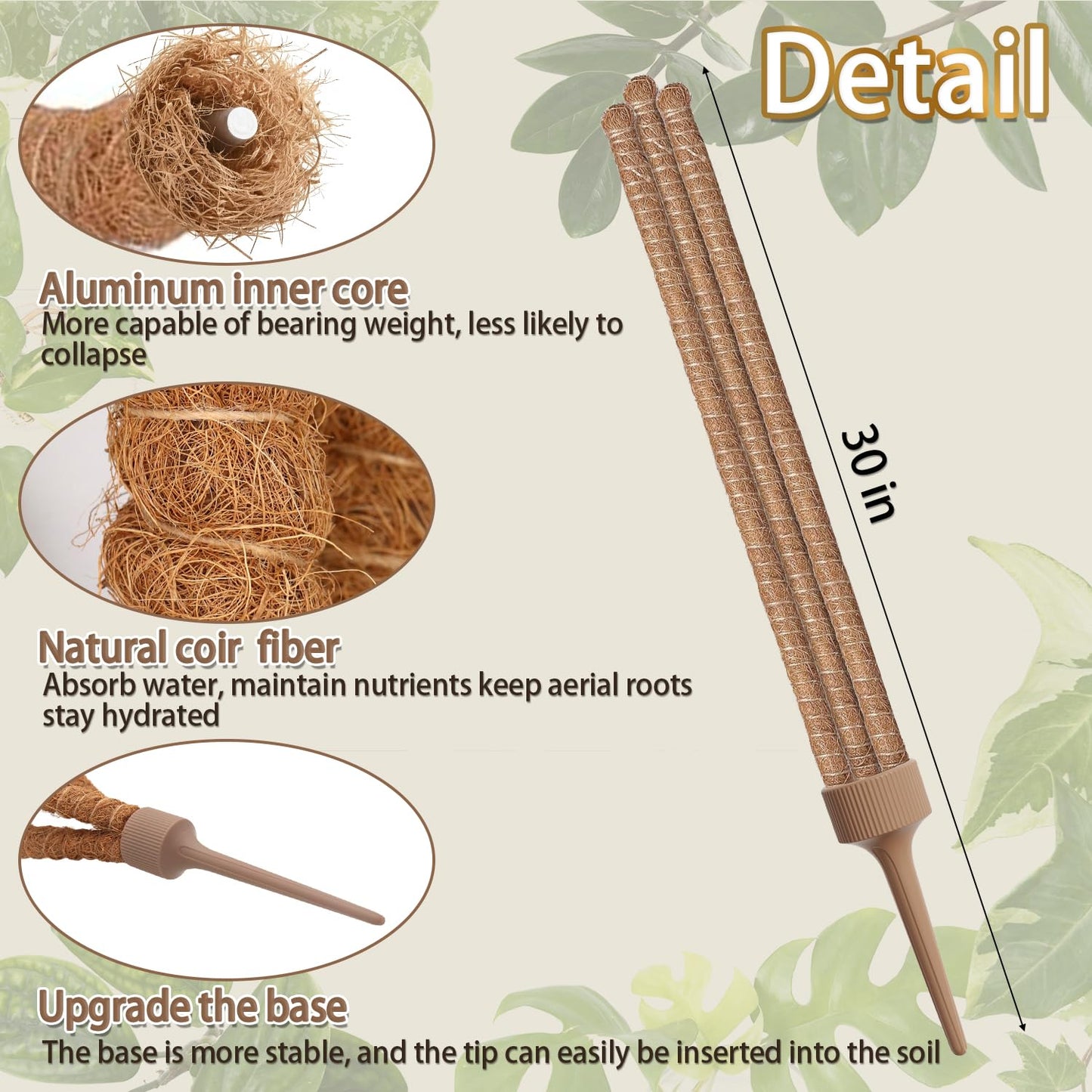 3 Moss Poles in 1, Bendable Monstera Plant Support, 30IN Tall Plant Stakes for Indoor Plants, Coir Pole Plant Support for Climbing Plants, Pothos, Philodendron-1 Pack