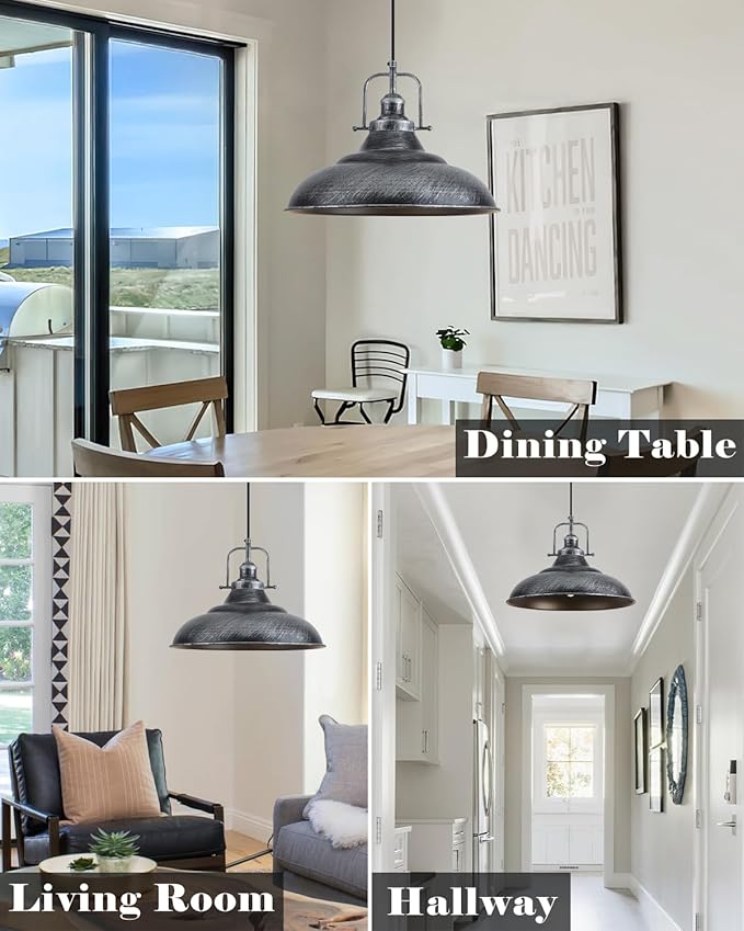 16 Inch Large Pendant Lights Kitchen Island, Black and Silver Pendant Light, Vintage Farmhouse Pendant Light, Island Pendant Lights for Kitchen Island, Dining Room (1 Pack)