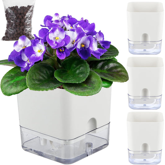 Planterhoma Self Watering Plant Pots for Indoor Plants 5.5 inch, 3 Packs Square Self-Watering Planters with Drainage Hole, White African Violet Pots for Devil's Ivy, Spider Plant, Orchid, Herb