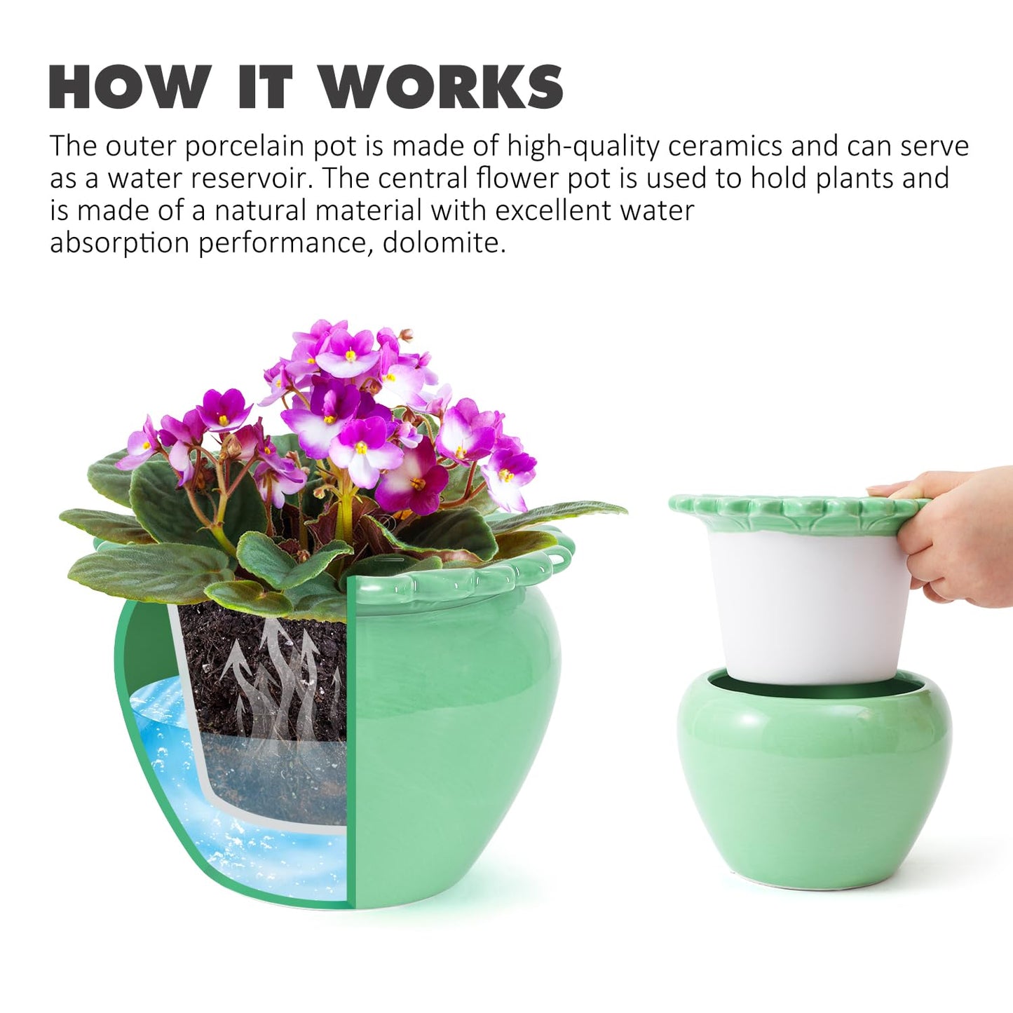 Lovely Ran African Violet Flower Pot Ceramic Self Watering Planter Pot 6.5 * 4.6 * 4 inch Simple Plant Self Watering Pot Green Indoor Flowers High Absorption Herbaceous Flower Pots Modern