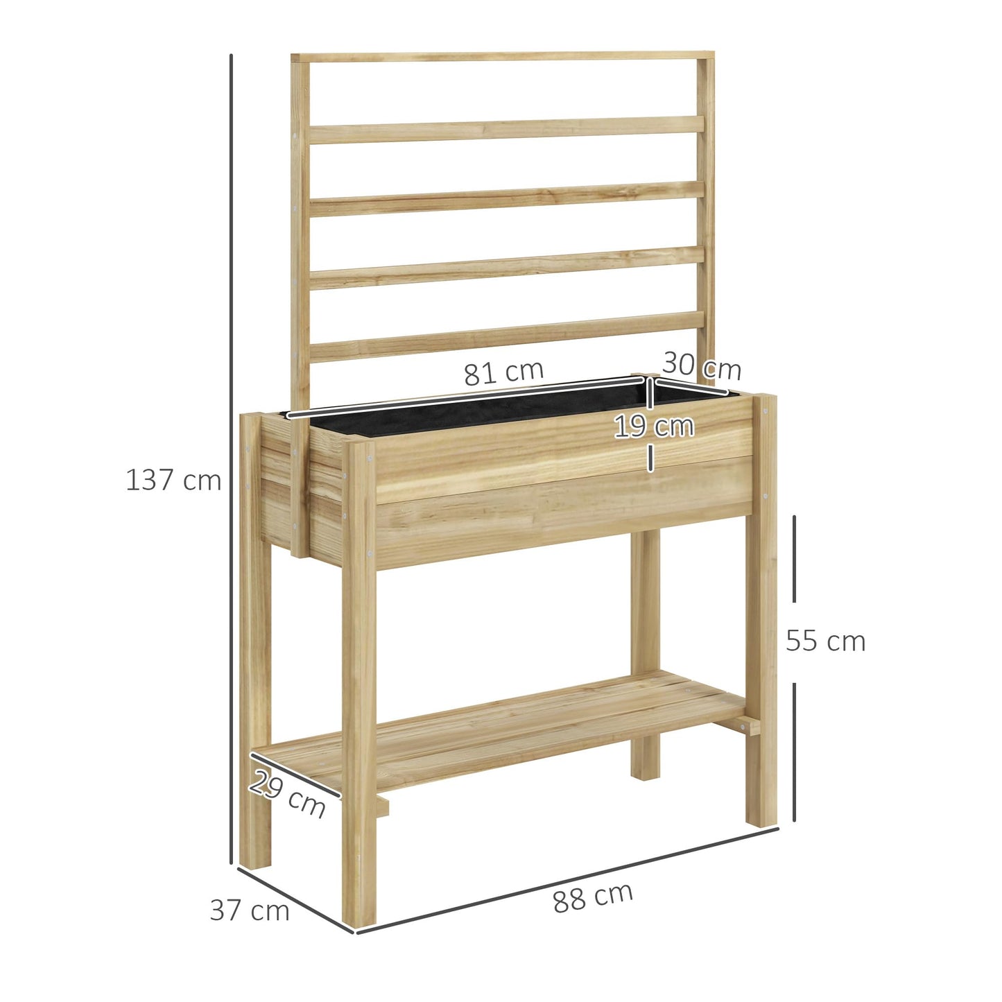 Outsunny Wooden Raised Garden Bed with Trellis, Elevated Planter Box with Storage Shelf, Drainage Holes and Liner, Outdoor Flower Box for Vegetables, Flowers, Herbs