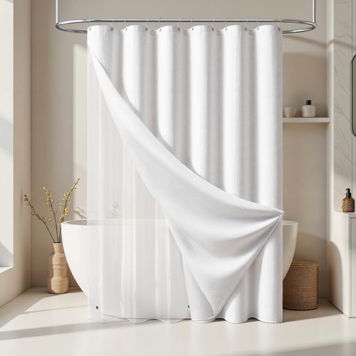 Dynamene Stall Shower Curtain and Liner Set - 60 x 84 inch Long Waffle Fabric, Waterproof Clear Liner, Heavy Duty Weighted Hotel Luxury Cloth Shower Curtains for Bathroom with 10 Hooks, 60x84, White