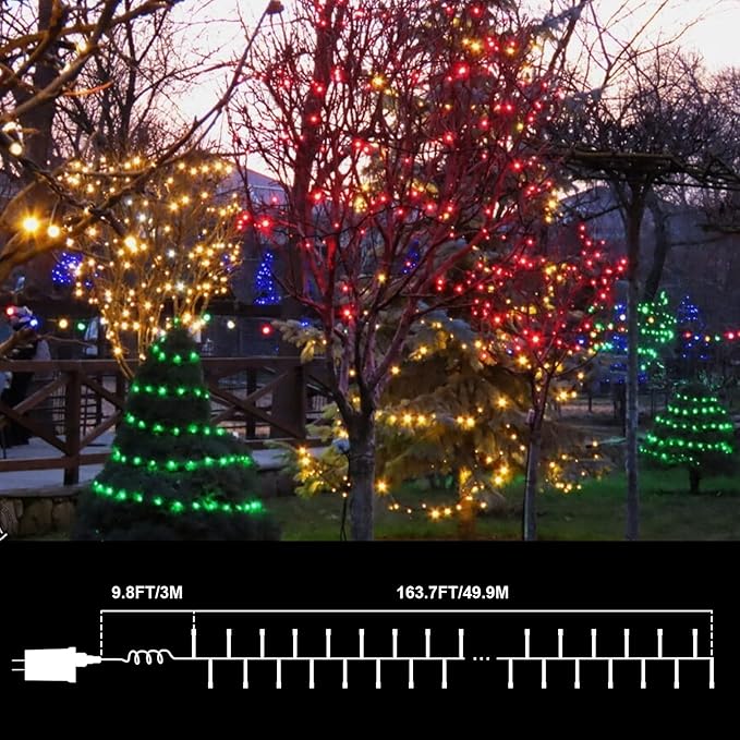 165 FT 500LED Red Green Warm String Lights Indoor Outdoor, Connectable Christmas Tree Lights Waterproof 16 Modes with Timer, Fairy Twinkle Light Plug in for Bedroom Wedding Party Xmas Decorations